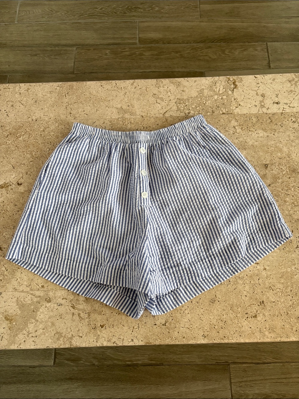 Shona Joy Blue & White Striped High-Waist Shorts